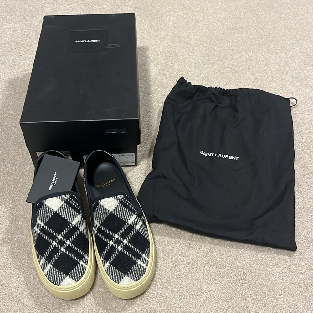 Saint Laurent Black & White Tweed Venice Check Slip On Sneakers new shoe in box